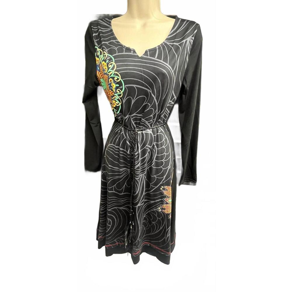 NEW MICHAEL K women's belted beauty jersey dress in color wheel black